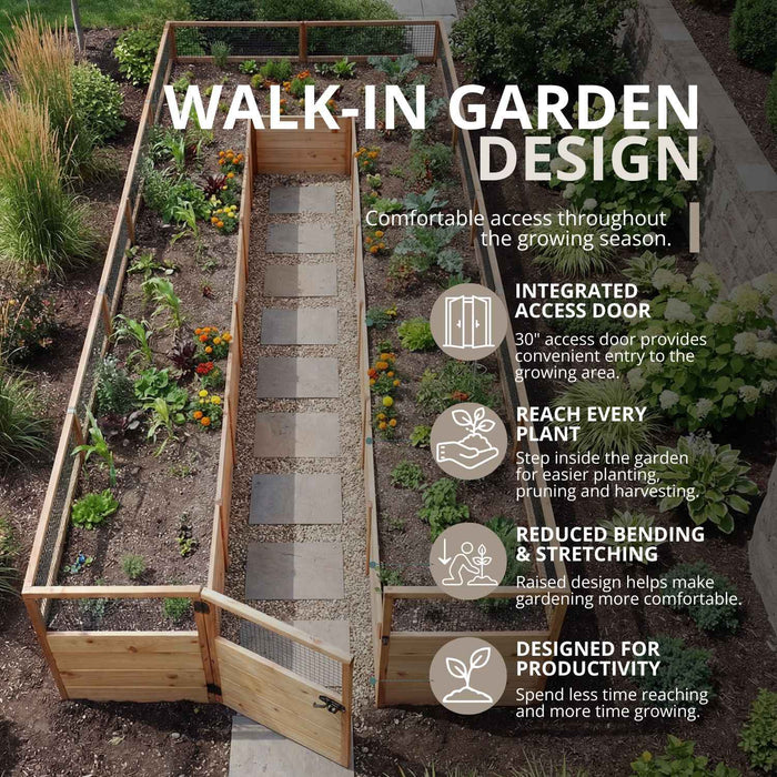 Aerial view of the walk-in Garden in a Box 8 x 16 with Greenhouse, showing a stone paver path, 30-inch access door and surrounding cedar raised beds.