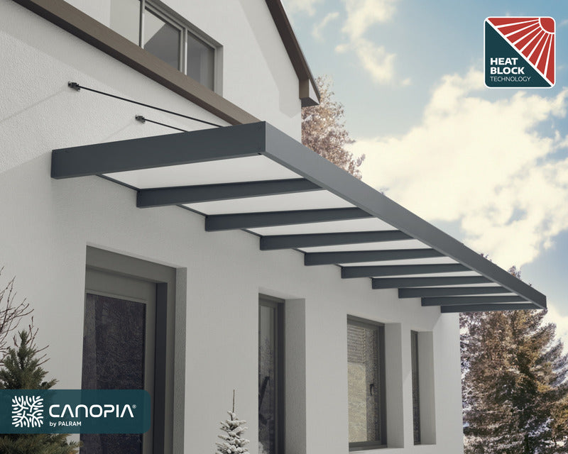 Canopia XL 9000 Awning mounted on a wall, featuring advanced heat block technology for superior shading.