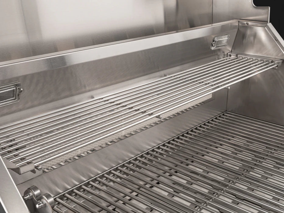 Close-up of the warming rack inside the NewAge Outdoor Kitchen Platinum Grill, designed for keeping food hot while grilling.