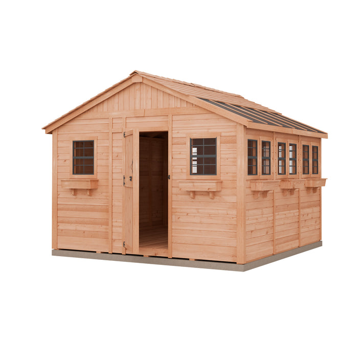 Rendered image of the OLT Sunshed Garden Shed 12x12 with shingles