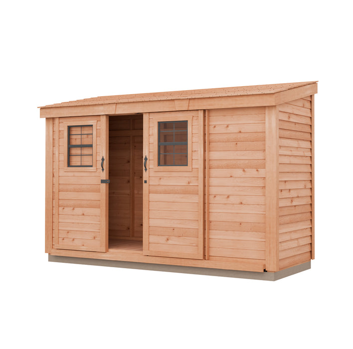 A rendered image of the Outdoor Living Today Spacesaver 12x4 Storage Shed with Shingles