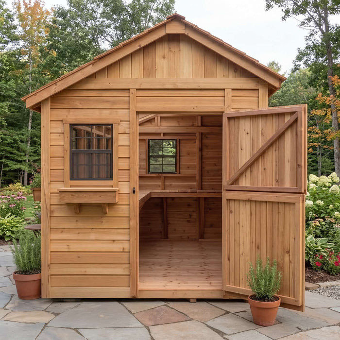 Close-up detail of the western red cedar wood grain and joinery on the Outdoor Living Today 8x8 Sunshed garden shed.