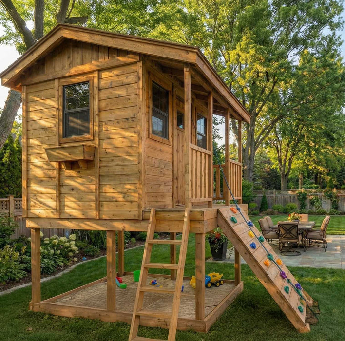 Front view of the Western Red Cedar Cozy Cabin Playhouse by Outdoor Living Today, showing covered porch, window flower box, and climbing wall