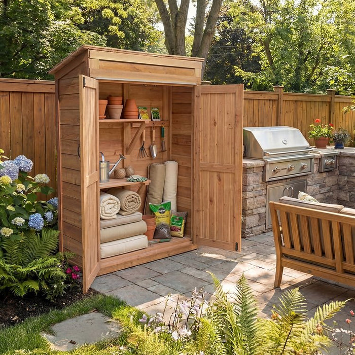 Western red cedar Garden Chalet 4x2 shed shown from the front, highlighting its wood siding and peaked roof design.