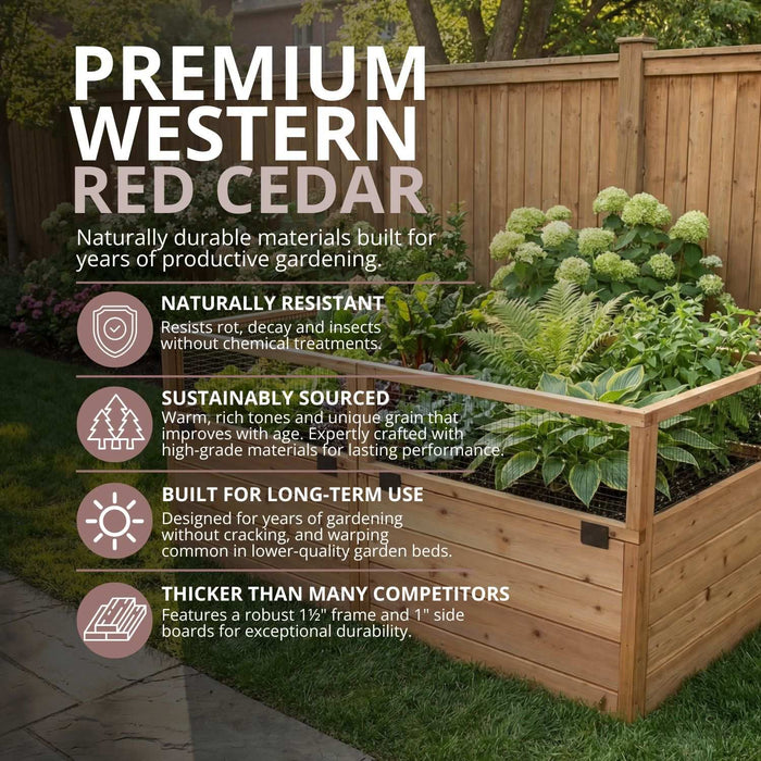 Premium Western Red Cedar Garden in a Box 6x3 with Lid / Trellis, featuring a 1½-inch frame and 1-inch side boards beside a wood privacy fence.