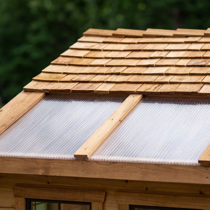 Close-up detail of the Outdoor Living Today Sunshed 8x8 showing western red cedar wood grain and joinery.