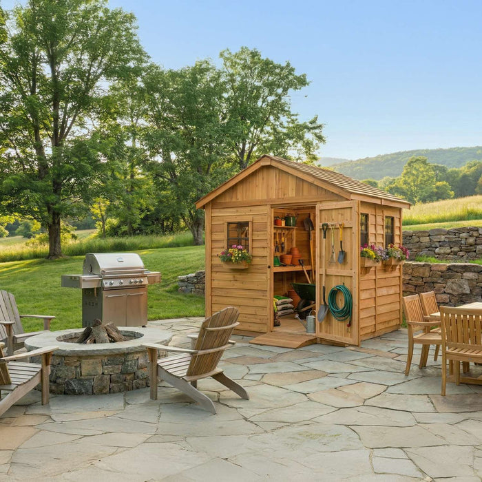 Western red cedar Gardener Shed 8x8 with double doors and window, shown from the main front view.
