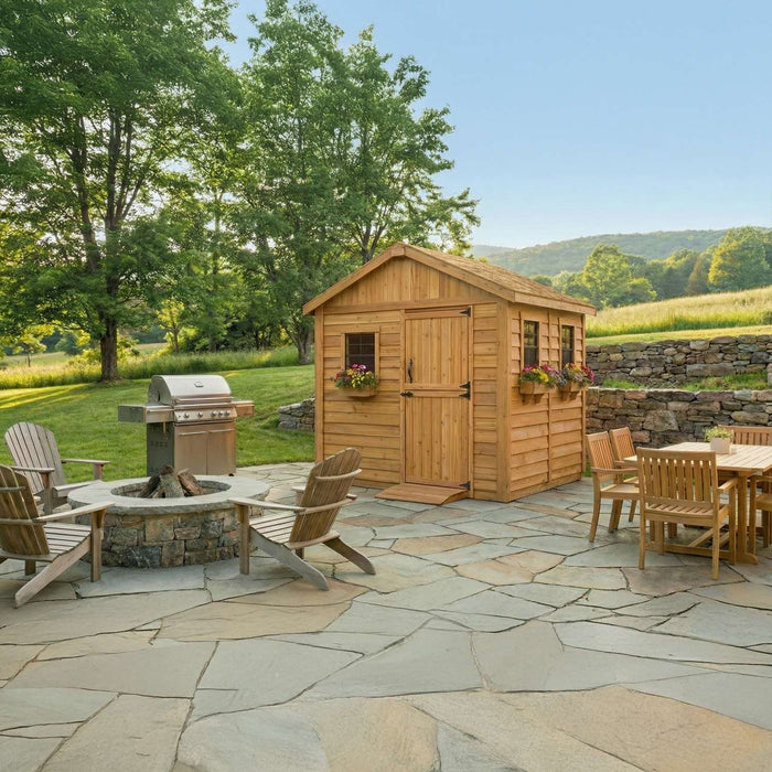 Side angle view of the Outdoor Living Today 8x8 Gardener Shed built from natural western red cedar wood.