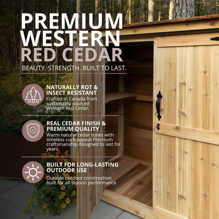 Premium Western Red Cedar construction of the Grand Garden Chalet 6x3, shown with one door open revealing warm natural cedar siding and shelving.