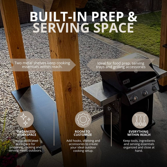 Close-up of the western red cedar grill gazebo's side door detail, showcasing the 8x5 model's craftsmanship.