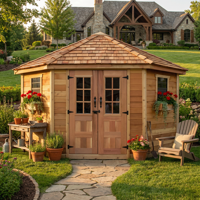 Front view of the western red cedar Penthouse garden shed, 9x9 size, showcasing its sloped roof design.