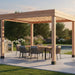 Western Red Cedar pergola with string lights over a dining table beside an outdoor kitchen and pool