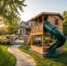Evening view of the playhouse with tube slide beside a stone patio and fire pit