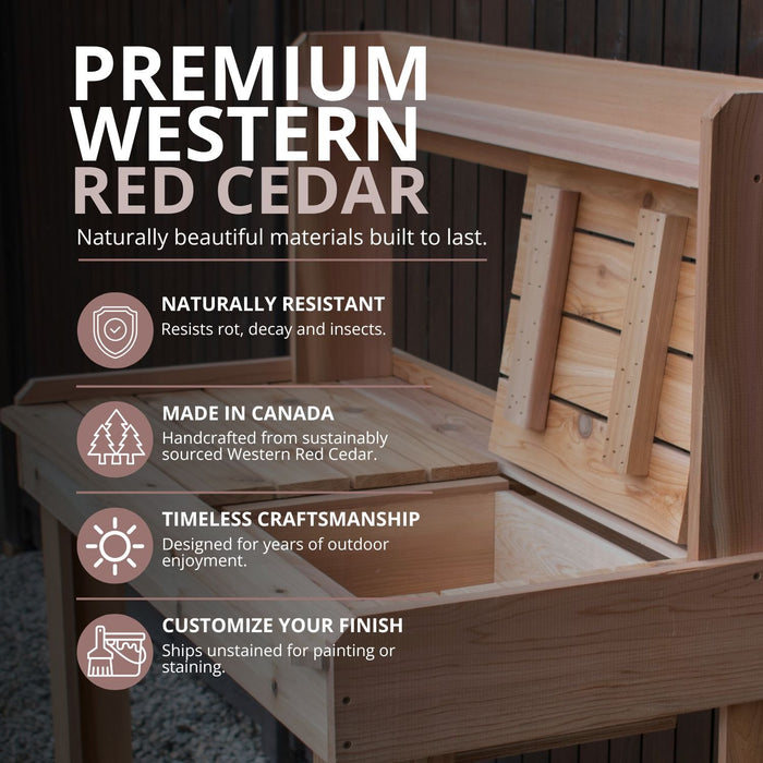 Side angle view of the western red cedar Outdoor Living Today 4x2 Potting Bench showing shelving and worktop.