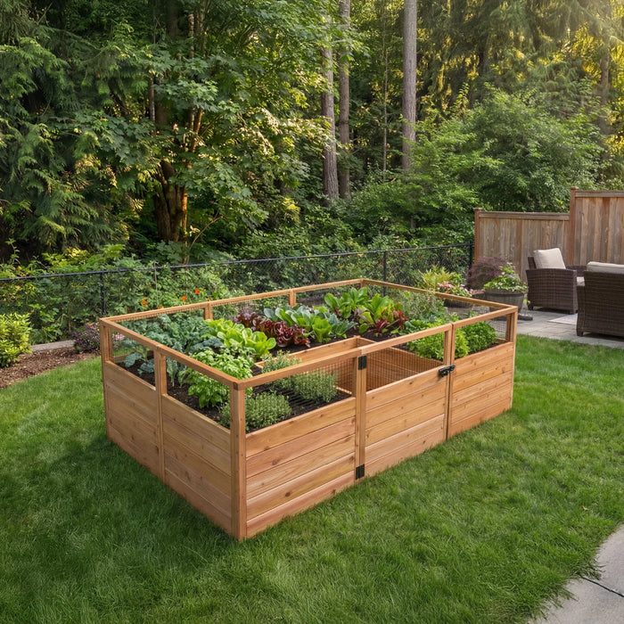 Western red cedar 8 x 5 raised garden bed from Outdoor Living Today Garden in a Box shown in backyard setting