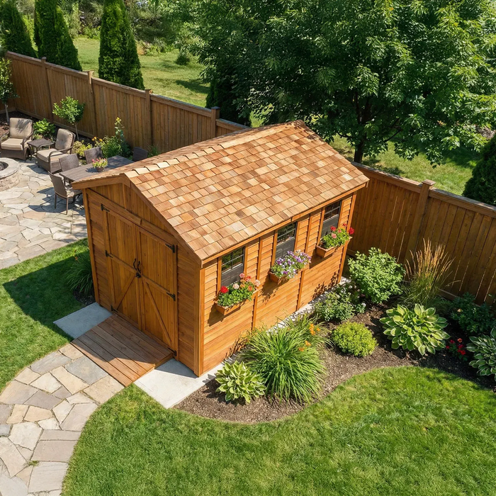 Side angle view of the Outdoor Living Today Space Master 8x12 western red cedar storage shed with double doors.