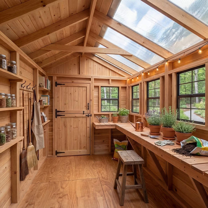 Western red cedar Sunshed 8x12 garden shed showing detailed wood paneling, trim, and door construction close-up.