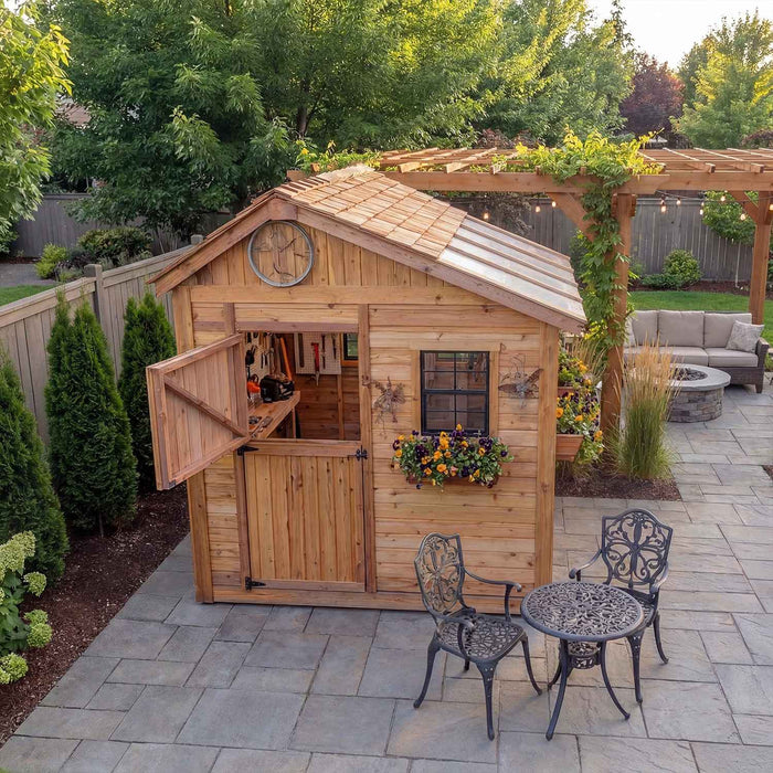 Western red cedar Sunshed 8x8 garden shed showing detailed corner joinery and wood grain construction.