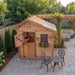 Western red cedar Sunshed 8x8 garden shed showing detailed corner joinery and wood grain construction.