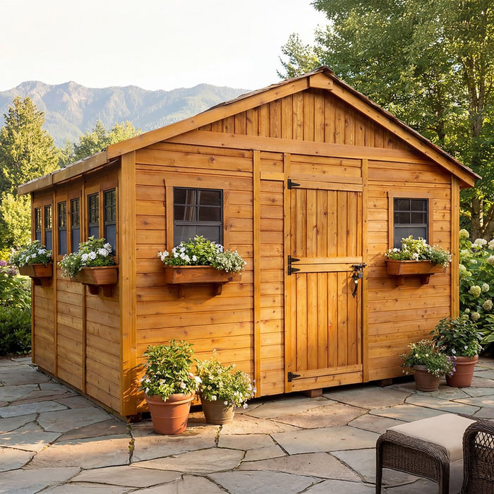 Western red cedar Sunshed garden shed, 12x12 size, shown from a side angle with double doors and windows.