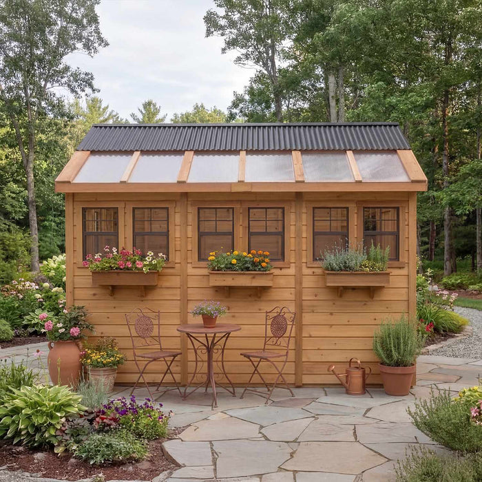 Detail view of the western red cedar Sunshed garden shed 8x12, showcasing its wood grain and construction.