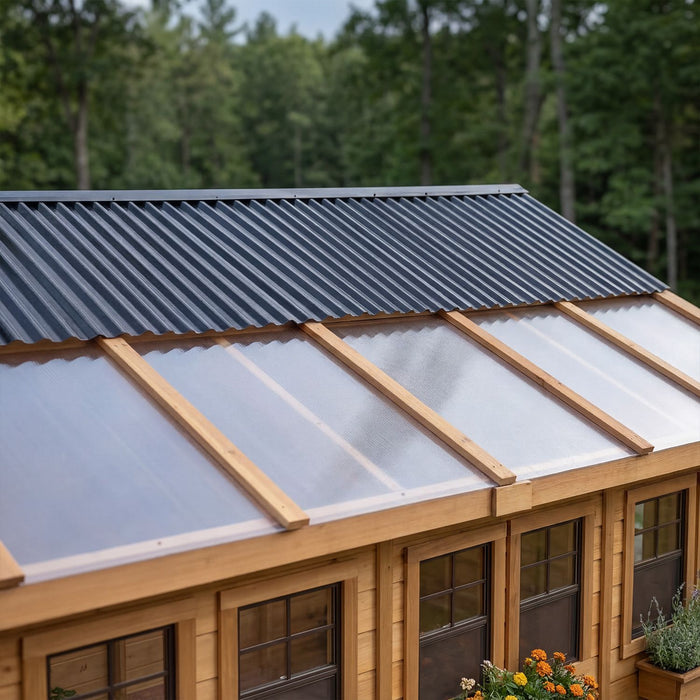 Western red cedar Sunshed garden shed, 8x12 size, showing detailed construction and door hardware close-up.