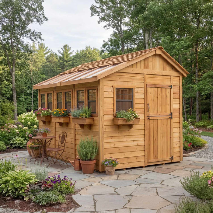 Western red cedar Sunshed garden shed, 8x12 size, shown in close-up detail highlighting wood grain and construction.