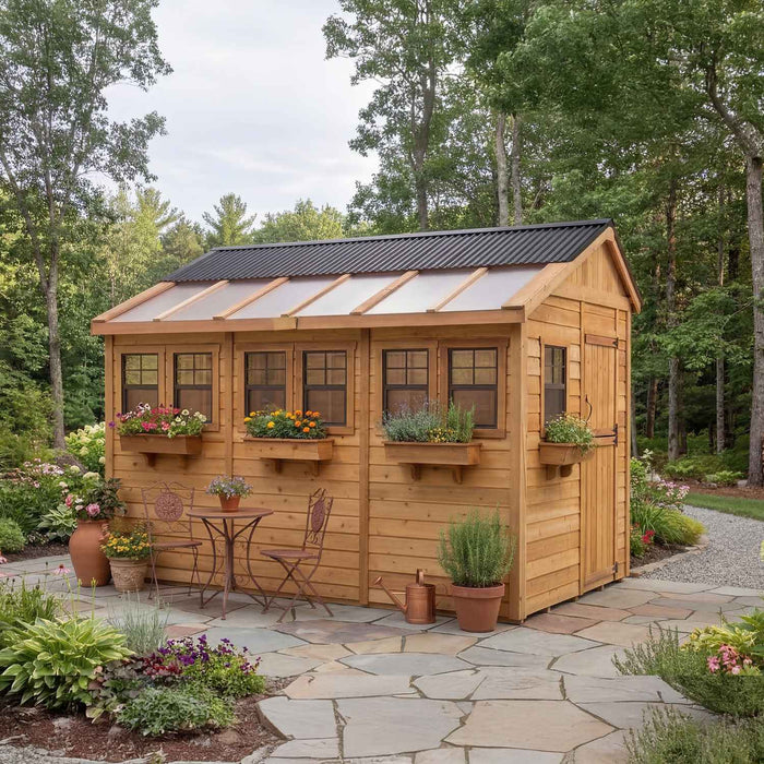 Close-up detail of the western red cedar Sunshed garden shed 8x12, showcasing wood grain and craftsmanship.