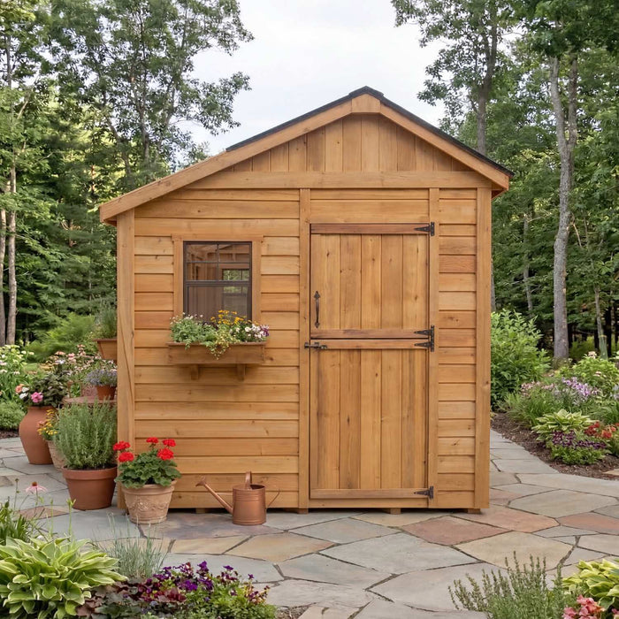 Western red cedar Sunshed garden shed 8x12 showing close-up detail of the wood siding and window design.