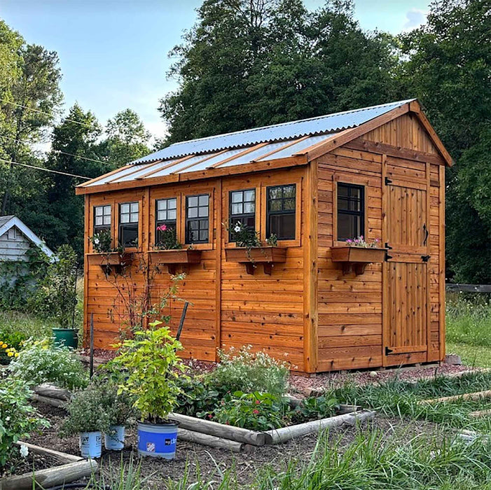 Side angle view of the Outdoor Living Today 8x12 Sunshed garden shed built from western red cedar.