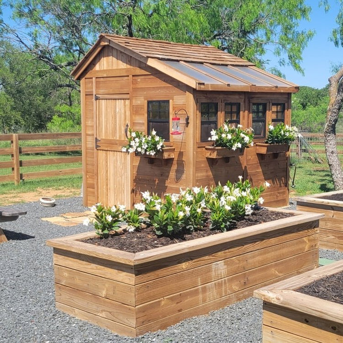 Western red cedar Sunshed garden shed, 8x8 size, shown from a side angle highlighting its wood grain and roof design.