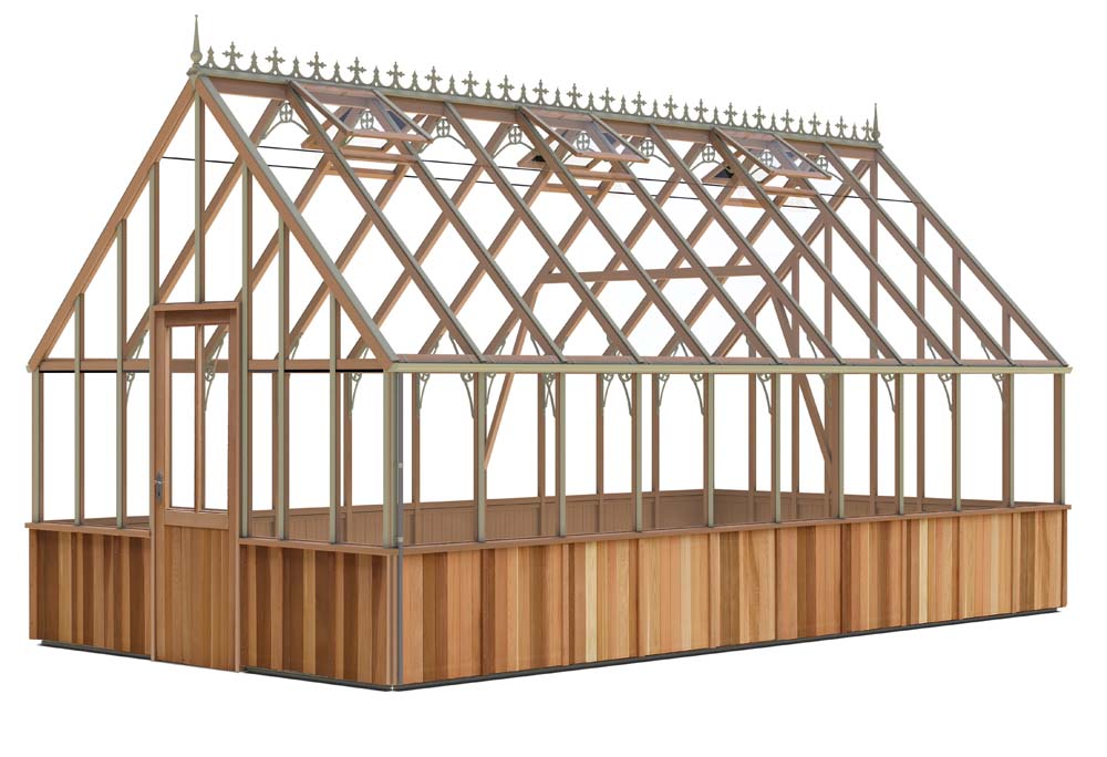 Rendered image of a cedar-frame Westminster greenhouse structure with glass panels, decorative roof trim, and wooden lower panels.