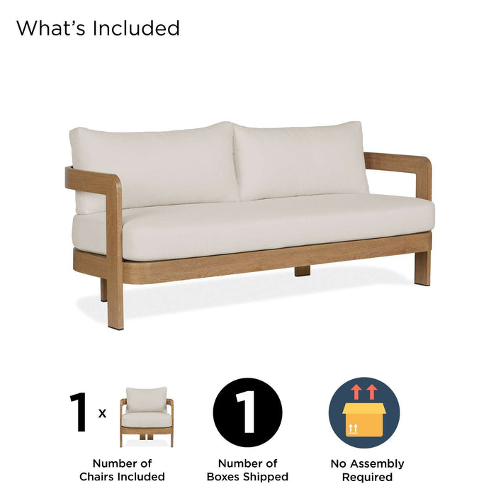 Overview of what's included with the Real Flame Arlo Outdoor Seat Sofa with Cushions, showing the sofa, shipping details, and no assembly requirement.