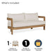 Overview of what's included with the Real Flame Arlo Outdoor Seat Sofa with Cushions, showing the sofa, shipping details, and no assembly requirement.