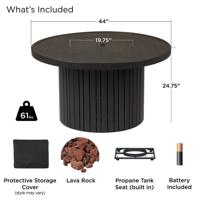 Real Flame Calvin fire pit table "What's Included" graphic showing 44"x24.75" dimensions, 61 lbs weight, protective cover, lava rock, built-in propane tank seat, and battery