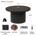 Real Flame Calvin fire pit table "What's Included" graphic showing 44"x24.75" dimensions, 61 lbs weight, protective cover, lava rock, built-in propane tank seat, and battery