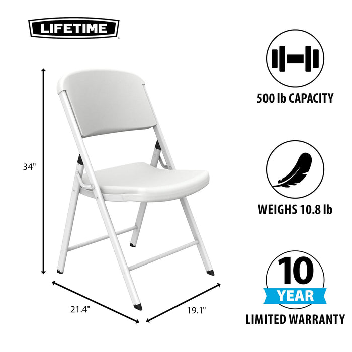 Dimensions and specs of Lifetime 4 Pack White Classic Folding Chair showing 34 inch height and 500 lb capacity