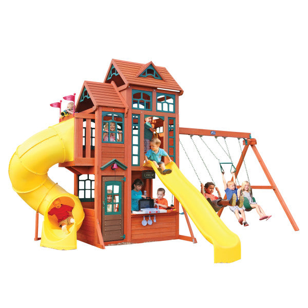 Kids playing around the wooden playhouse