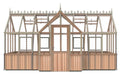 Front view of the Alton cedar structure 7x16 Durham greenhouse, showcasing its wide facade and intricate decorative roof trim.