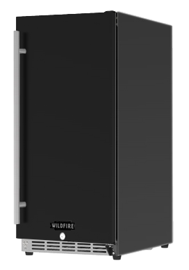 Angled view of the Wildfire 15-inch outdoor fridge with a black stainless steel sleeve, featuring a sleek vertical handle and modern design.