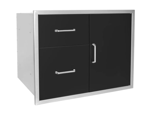 Angled view of the Wildfire dual drawer and single door combo, showcasing the modern black finish and stainless steel frame.