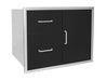 Angled view of the Wildfire dual drawer and single door combo, showcasing the modern black finish and stainless steel frame.