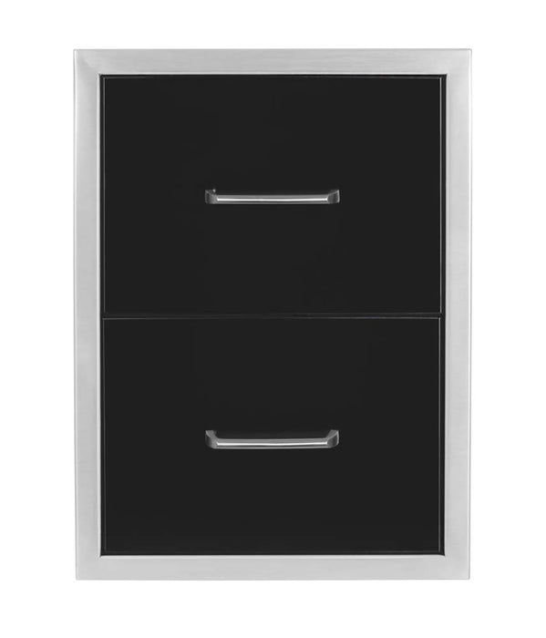 Front view of the Wildfire dual-drawer unit in black stainless steel, featuring modern handles and sleek design.