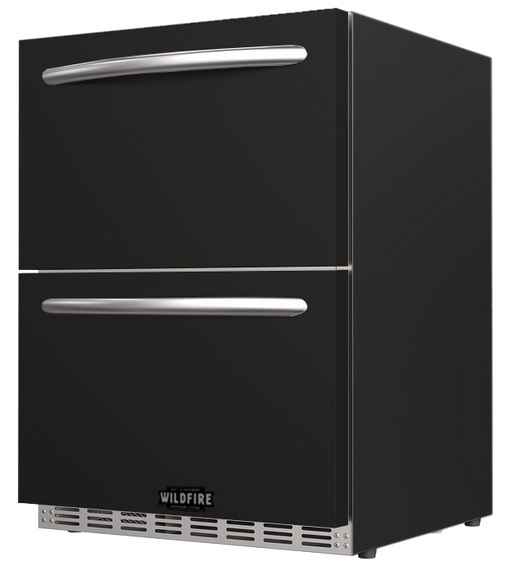 Side view of the Wildfire 24-inch dual drawer fridge with a black stainless steel sleeve, showcasing its two spacious drawers and polished handles."