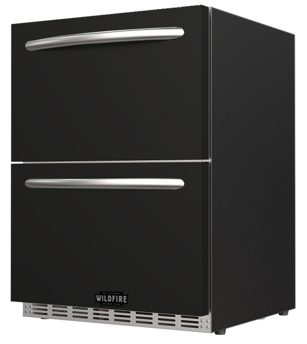 Side view of the Wildfire 24-inch dual drawer fridge with a black stainless steel sleeve, showcasing its two spacious drawers and polished handles."