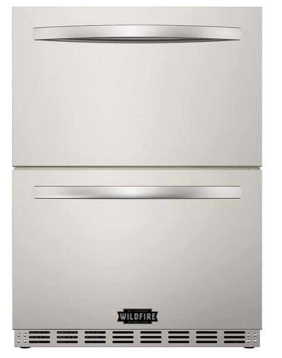 Front view of the Wildfire 24-inch dual drawer fridge, showcasing its double-drawer design and premium stainless steel build.