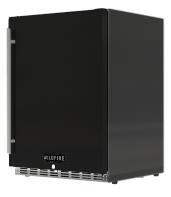 Angled view of the Wildfire 24-inch outdoor fridge with a black stainless steel sleeve, emphasizing its contemporary style and durable build.