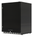 Angled view of the Wildfire 24-inch outdoor fridge with a black stainless steel sleeve, emphasizing its contemporary style and durable build.