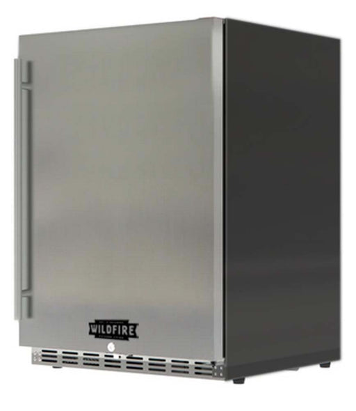 Angled view of the Wildfire 24-inch outdoor fridge, highlighting its stainless steel construction and robust door design.