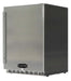 Angled view of the Wildfire 24-inch outdoor fridge, highlighting its stainless steel construction and robust door design.